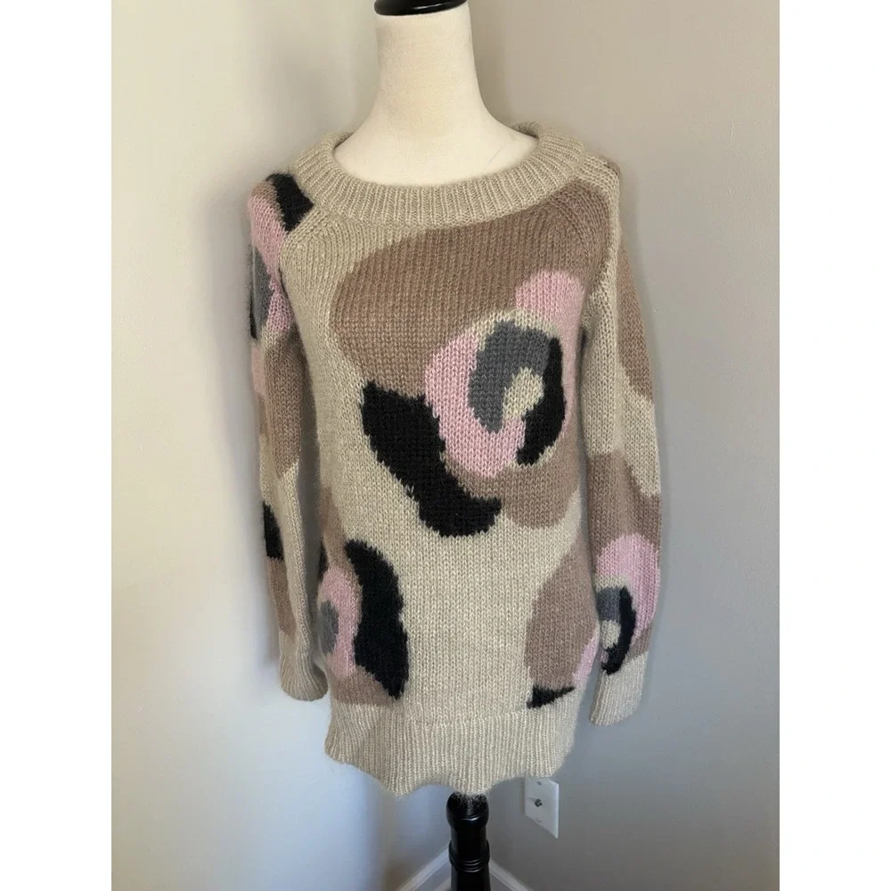 Kate Spade NY Deco Rose Mohair Blend Sweater Beige Pink Floral Intarsia Size XS